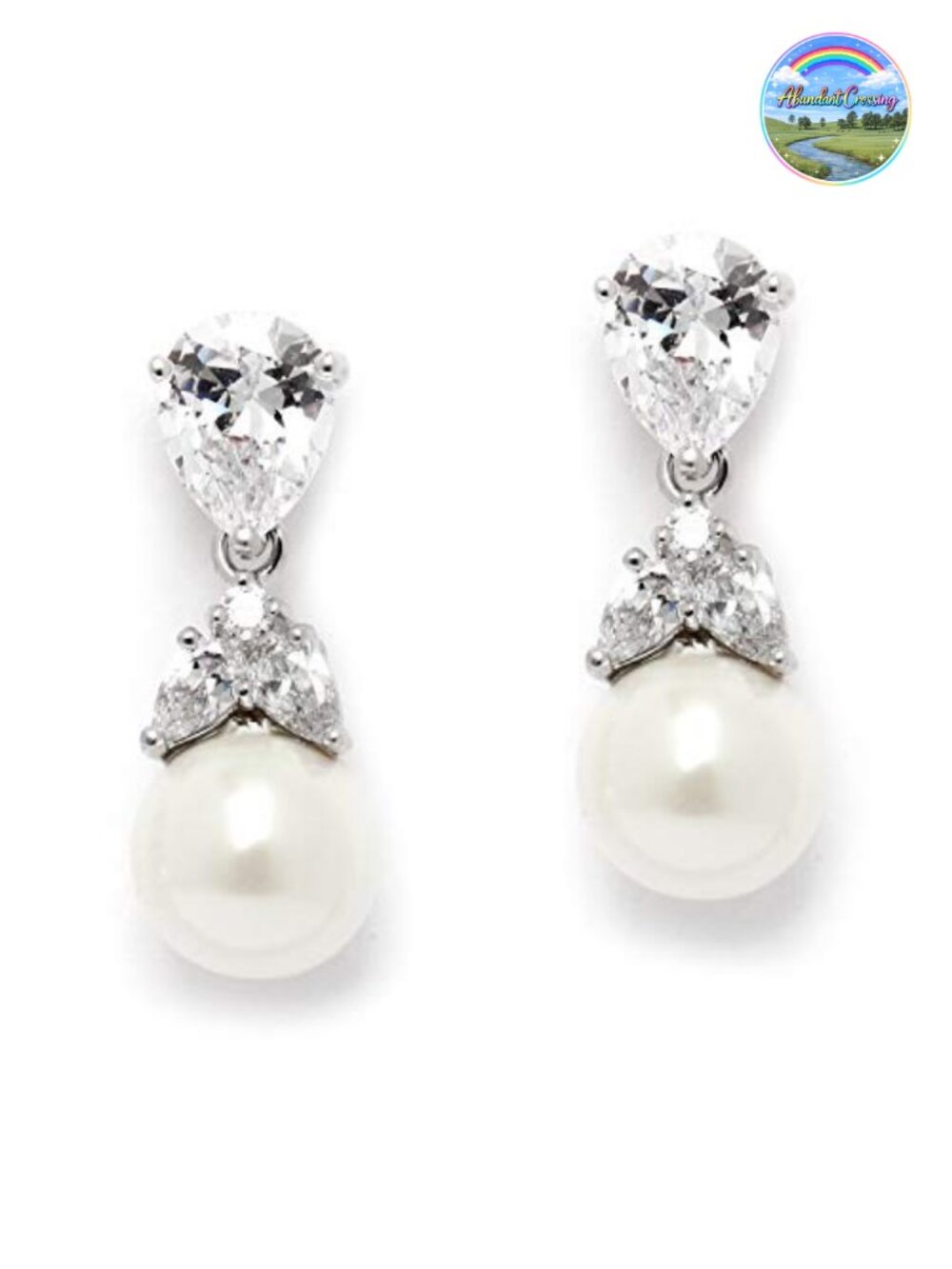 Pearl Drop Bridal Earrings Cubic Zirconia Rhodium Plated Brass Wedding